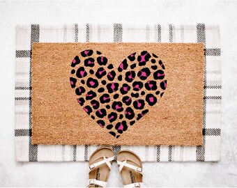 Handlettered Coir Doormat- Pink Animal Print Hello, Love