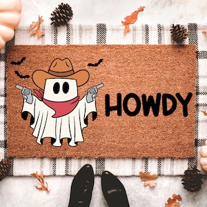 Howdy Ghost Doormat | Ghost Cowboy Halloween Doormat | Halloween Porch Decor | Bat Doormat | Outdoor Fall Decor | Fall Doormat