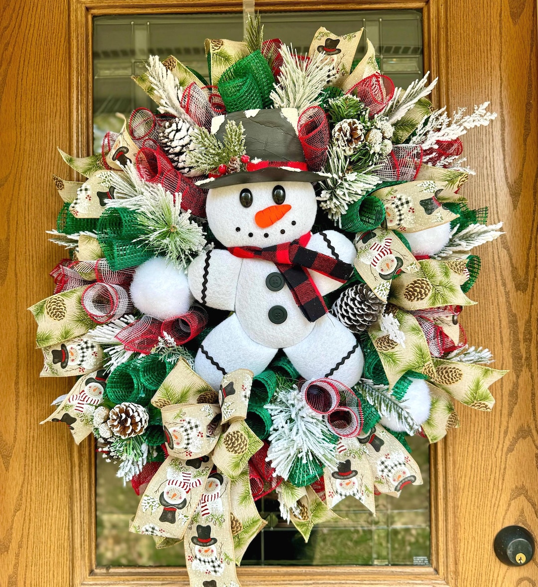 Flocked Snowman Wreath | Winter Door Decor | Snowman Front Door Wreath ...