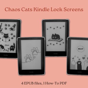 Op de afbeelding: Vier zwart-witte Kindle-vergrendelschermen met schattige kattenillustraties. De schermen tonen verschillende ontwerpen, waaronder een kat die een boek leest, een kat met een spraakballon die "Miau!" zegt en een kattenpootontwerp.