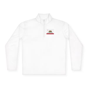 May include: White long-sleeved pullover with a quarter-zip collar. The California state flag patch is on the chest, featuring a bear and the text "DON'T TREAD THE BEAR".