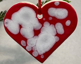 Handmade Ceramic Red Heart Ornament With Embossed Design