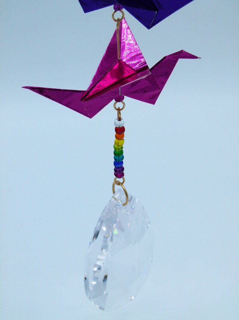 Metallic Rainbow Origami Flying Crane Mobile With Suncatcher Etsy