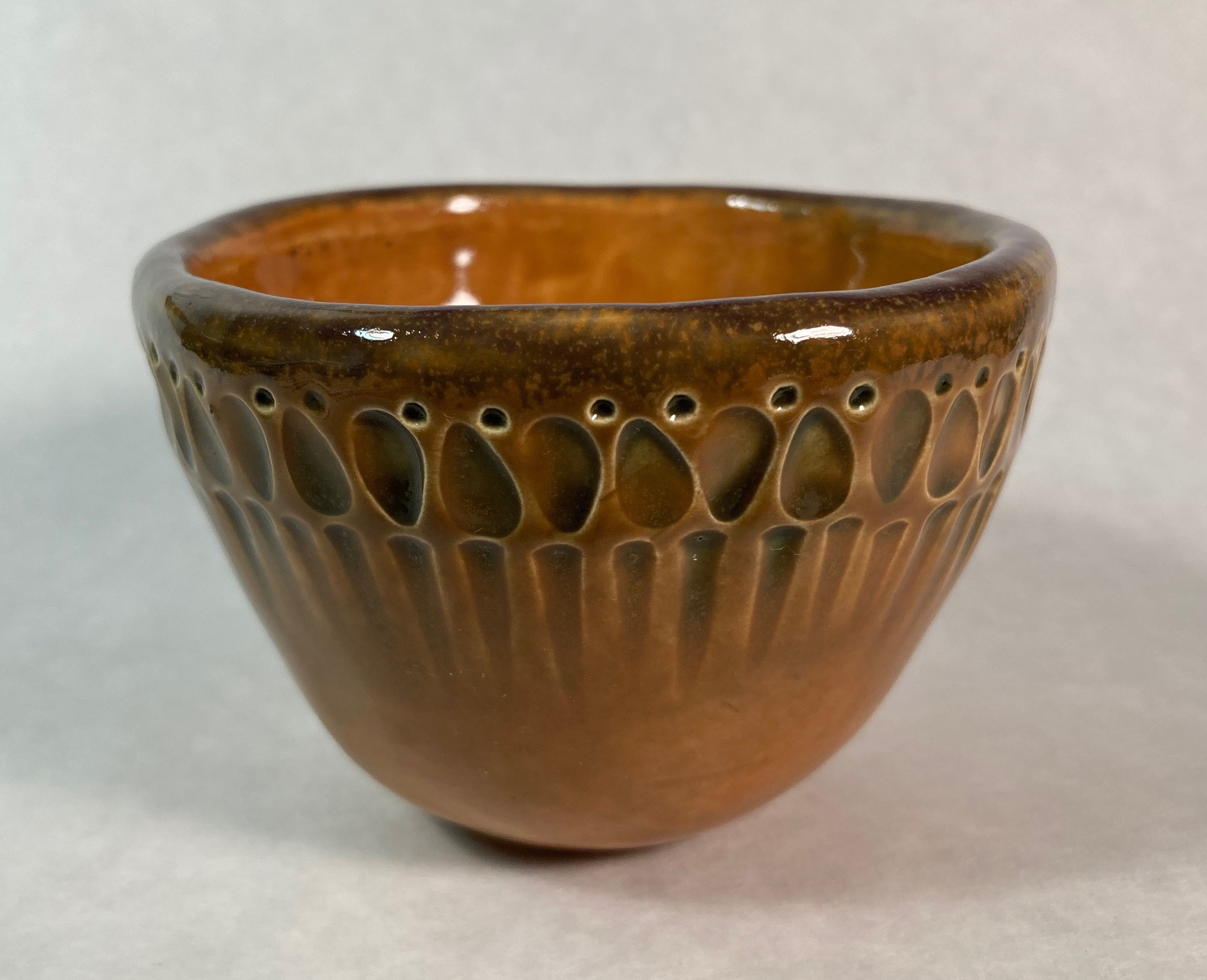 Handmade Rustic Glossy Pinch Pot With Hand Embossed Design 