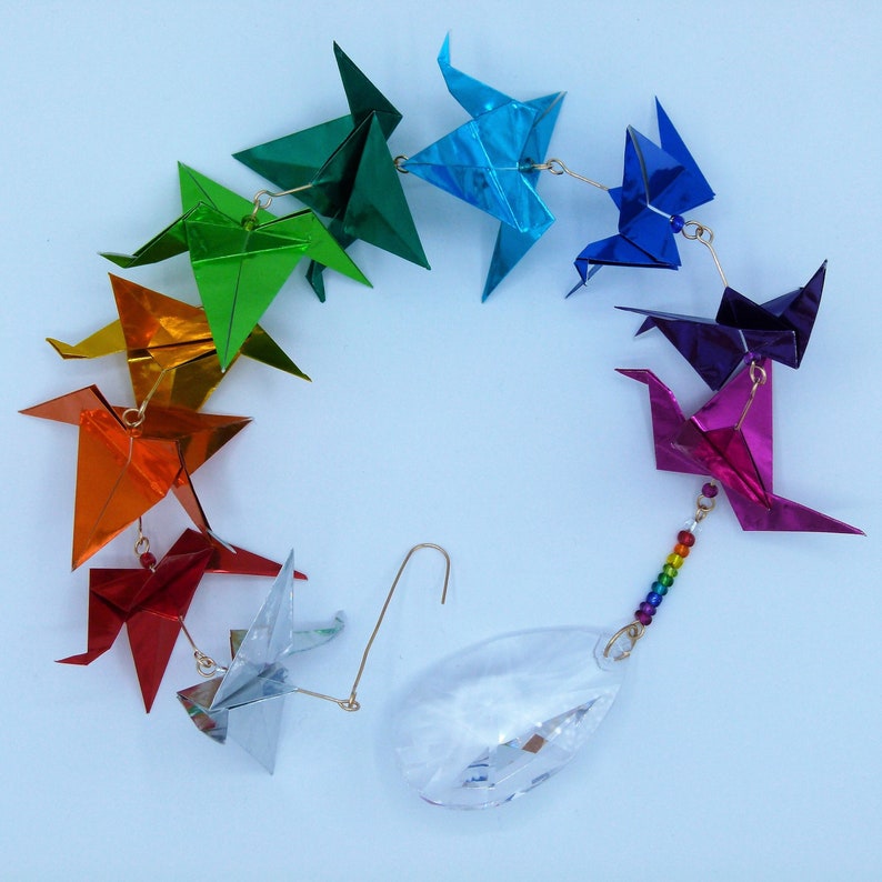 Metallic Rainbow Origami Flying Crane Mobile With Suncatcher Etsy