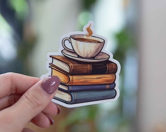 コーヒーと本のステッカー - 3 x 3インチ - 防水ビニールデカール