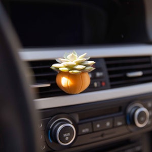 May include: A small succulent plant in a terracotta pot is placed in the air vent of a car's dashboard. The car's dashboard has a black and silver design with controls for the radio and climate.