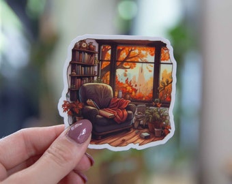 Autumn Reading Book Nook Sticker - 3x3 Inch // Waterproof & Durable Vinyl Sticker // Useable as Laptop, Bumper Sticker and more!