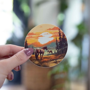 Meadow with Grazing Horses Sticker - 3x3 Inch // Waterproof & Durable Vinyl Sticker // Useable as Laptop, Bumper Sticker and more!