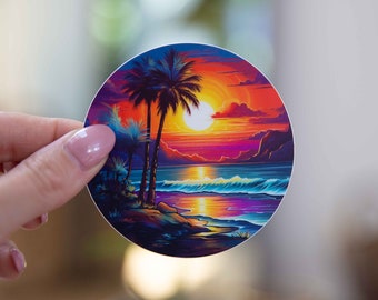 Summer Sunset at the Beach Sticker - 3x3 Inch  - Waterproof Vinyl Decal