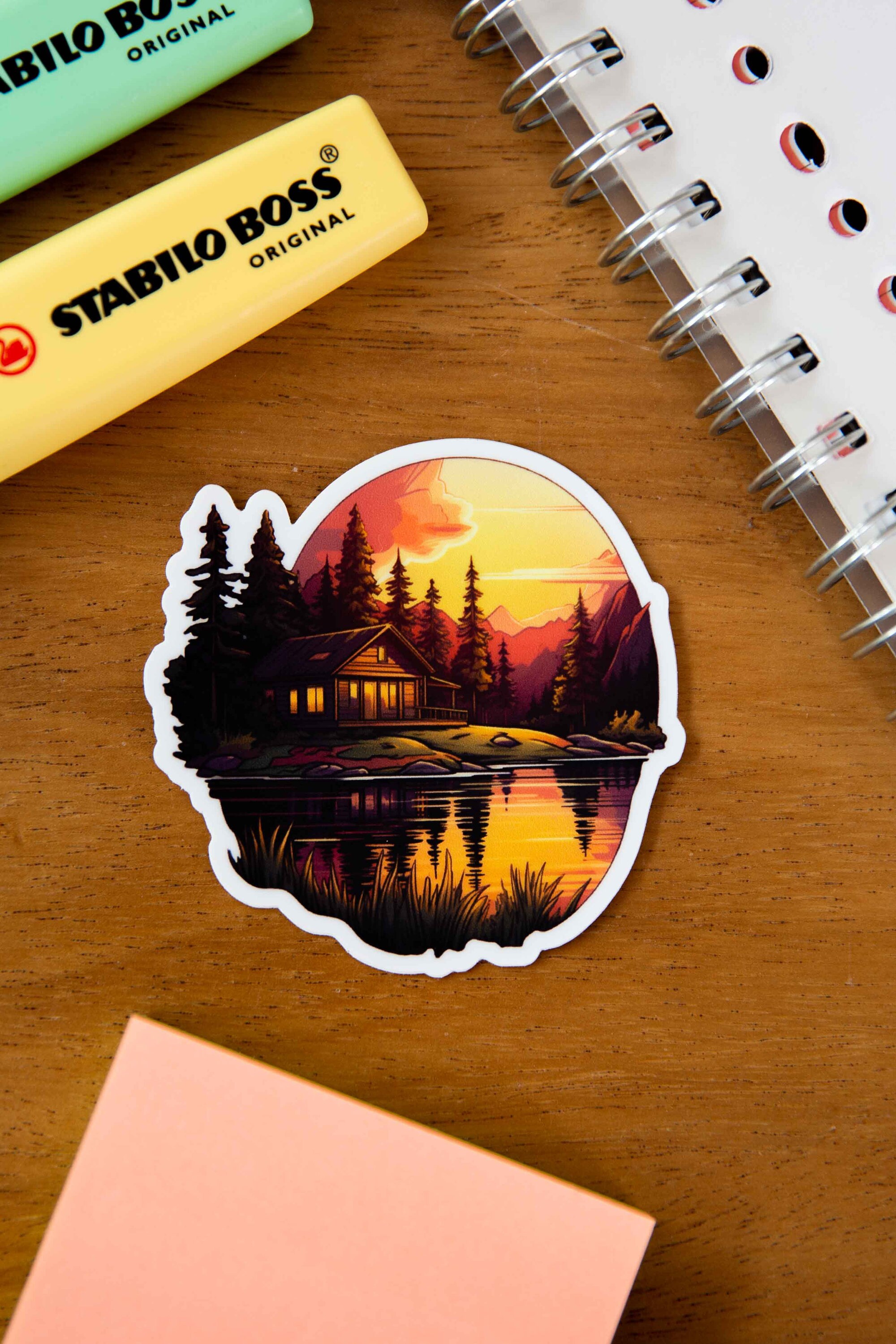 Secenery Sticker Background Peaceful Lakeside Cabin Scenery Sticker - 3x3 Inch - Waterproof Vinyl ...