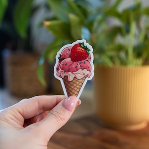 Strawberry Icecream Cone Sticker - 2x3 Inch // Waterproof & Durable Vinyl Sticker // Useable as Laptop, Bumper Sticker and more!