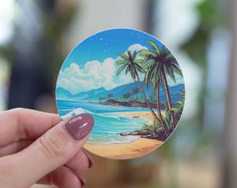 Island Beach with Palm Trees Scenery Sticker - 3x3 Inch  - Waterproof Vinyl Decal