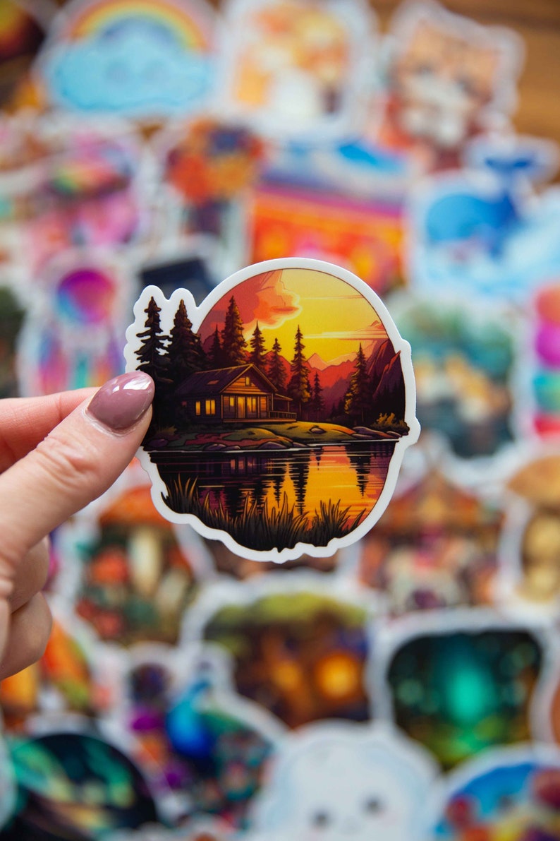 Secenery Sticker Background Peaceful Lakeside Cabin Scenery Sticker - 3x3 Inch - Waterproof Vinyl ...