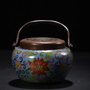 Chinese antique pure hand-made exquisite rare pure copper cloisonne lotus pattern handle incense burner ornaments