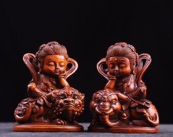 中国製ツゲの手彫りの精巧で希少な文殊菩薩普賢菩薩像の置物 - Etsy 日本