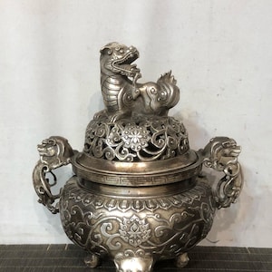 Chinese antique pure hand-made exquisite rare white copper high relief carved auspicious animal incense burner ornaments