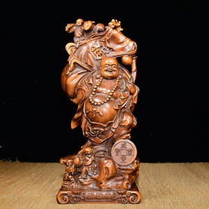 Exquisite and rare Fu Lu Shou statuette hand-carved from Chinese boxwood