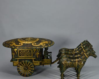 Exquisite bronze horse-drawn chariot sculpture, handcrafted from antique Chinese materials.