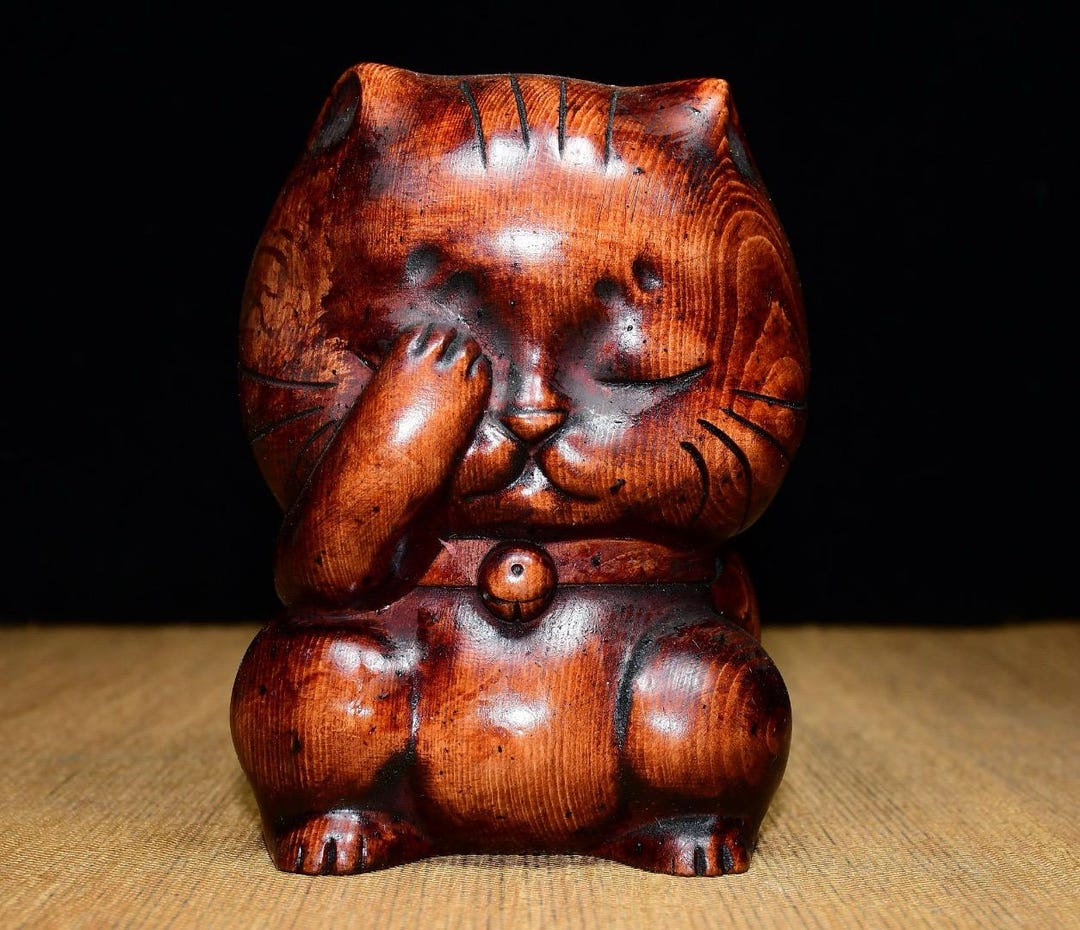 珍しく精巧な中国のツゲの木彫りの招き猫像 - Etsy 日本
