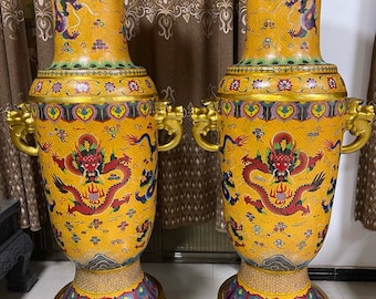 Chinese antique hand-made pair of huge exquisite copper body cloisonné enamel cloisonné animal ear base dragon pattern vases