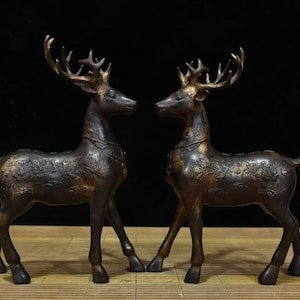 A pair of exquisite and rare pure copper Chinese antique handcrafted deer statues