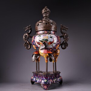 Large, exquisite, rare, pure copper cloisonné enamel three-crane incense burner with handmade Chinese antique