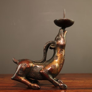 Chinese antique handcrafted exquisite rare pure copper deer candlestick statue ornaments