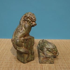 A pair of exquisite and rare bronze inscribed auspicious beast ruler statues made by hand from China
