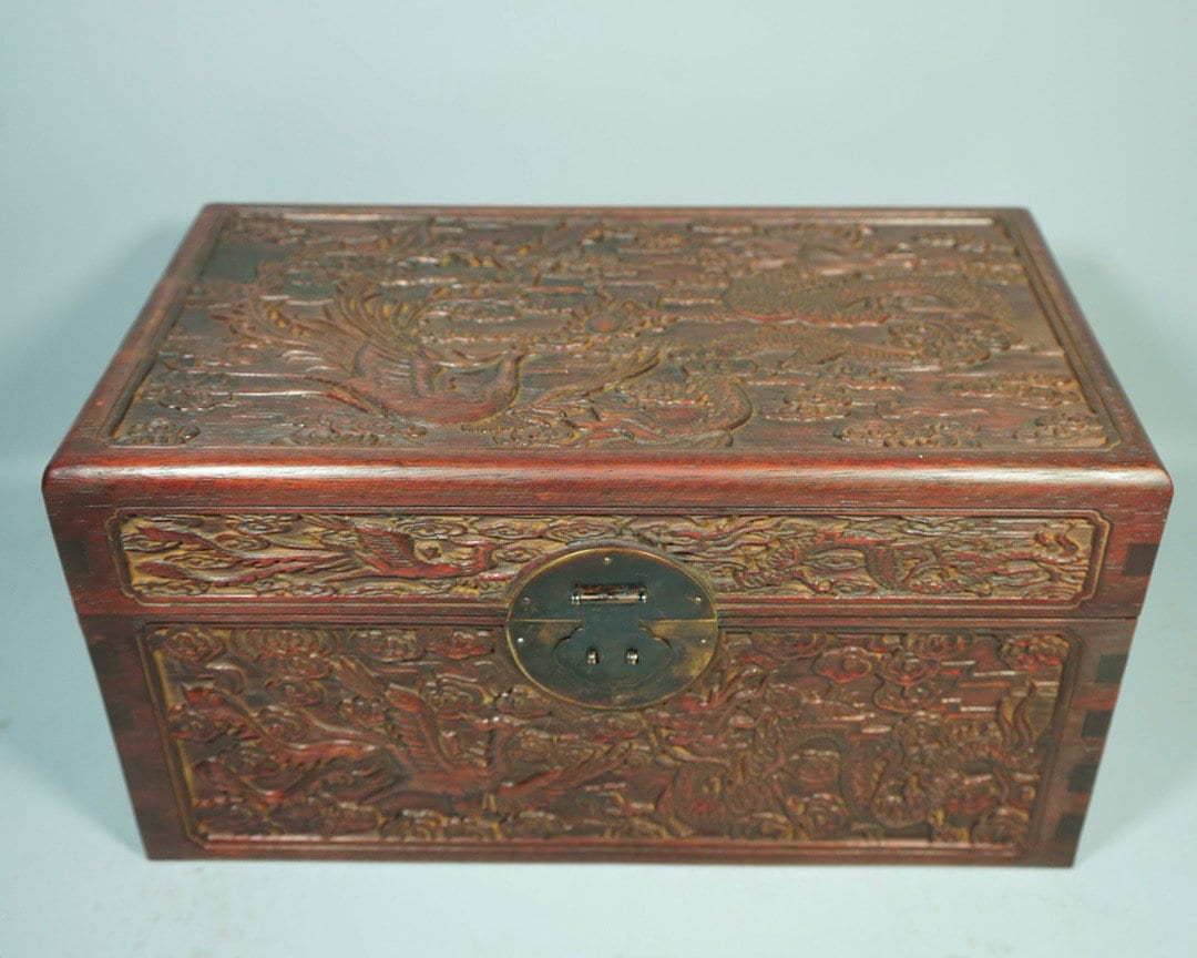 茶道具　備前焼　古備前　神獣蓮花文　盒子　書付箱　V　R7146 Ancient Chinese Rosewood, Hand-carved Dragon and Phoenix Wooden