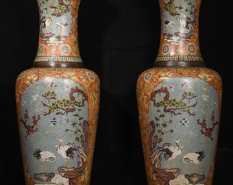 Chinese Antique Handcrafted Huge Exquisite and Rare Cloisonné Pine and Crane Vase Ornaments Pair