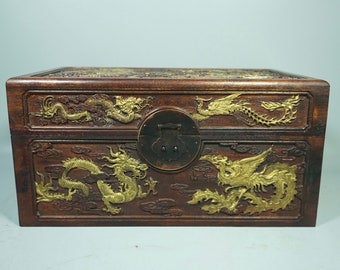 Ancient Chinese rosewood, hand-painted box with dragon and phoenix statues