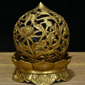 Chinese antique handmade exquisite rare pure copper gilded eight treasures lotus hollow incense burner ornaments