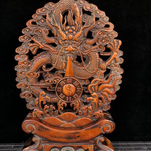 Chinese antique boutique hand-carved rosewood hollow carved dragon in the sky inlaid with gemstones screen decoration