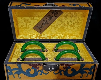Chinese Antique Handcrafted Exquisite Rare Lacquerware Box with 4 Tall Ice Inlaid Gemstone Jade Bracelet Ornaments