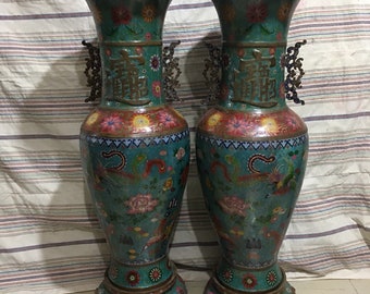 A pair of Chinese antique handmade large exquisite and rare copper body cloisonné enamel cloisonné dragon and phoenix pattern vases