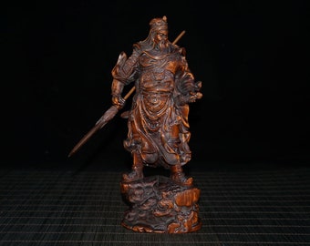 China&#39;s ancient natural boxwood Guan Gong statue, pure manual carving process exquisite rare