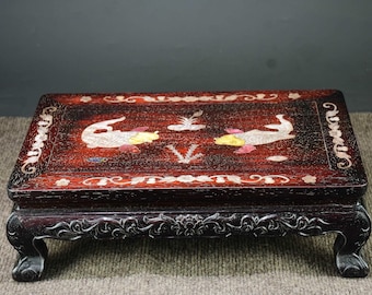 Chinese antique handmade carved rosewood inlaid with shells, paired with fish and lotus patterned tea table decoration