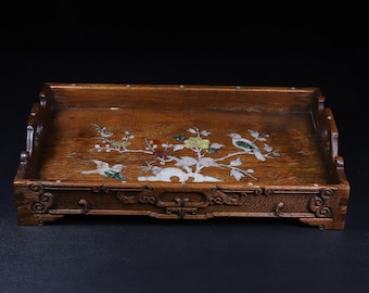 Exquisite Chinese antique rosewood tea tray/tray inlaid with seashells and floral and bird patterns, hand-carved.