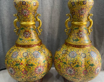 A pair of Chinese antique hand-made large exquisite copper cloisonné enamel cloisonné melon-shaped garlic vases