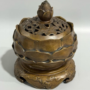 Chinese antique handcrafted exquisite rare pure copper lotus incense burner ornaments
