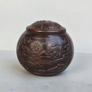 Exquisite Rare Pure Copper Landscape Tea Caddy Ornament Made by Chinese Antiques