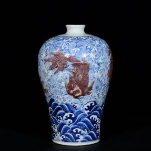 Exquisite and rare Chinese antique plum vase with blue and white underglaze red goldfish design, purely handmade.