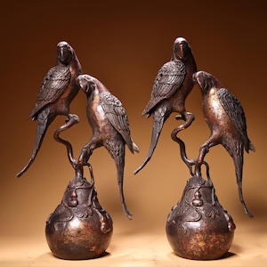 Chinese antique handmade exquisite rare pure copper mud gold high relief engraved gourd parrot incense burner ornaments