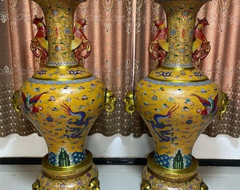 Chinese antique hand-made pair of huge exquisite copper body cloisonné enamel cloisonne phoenix ears animal head dragon and phoenix vases
