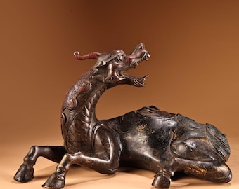 Chinese antique, handcrafted pure copper reclining beast incense burner ornament.