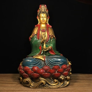 Chinese antique pure hand-made exquisite rare pure copper painted great compassion Guanyin Bodhisattva Buddha statue ornaments