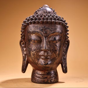 Chinese antique handcrafted exquisite rare pure copper Sakyamuni Buddha head statue ornaments