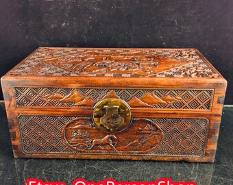 Chinese antique hand-carved huge rosewood interior carving Fu Lu Shou Xi picture treasure chest ornament