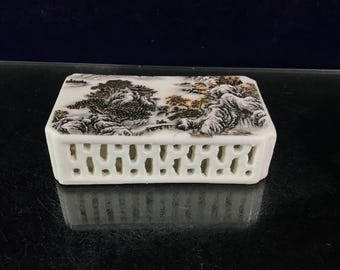 Exquisitely hand-painted, openwork famille rose landscape paperweight ornament from Chinese antiques.
